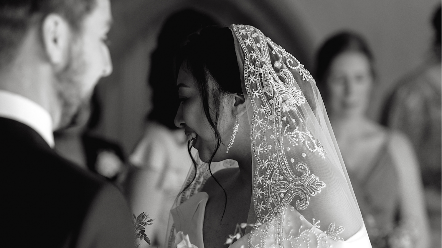 Real Bride Wearing Freya Rose Silver Delicate Long Drop Earrings