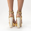 Woman Wearing Tyra Gold Platform Pearl Heels | Freya Rose