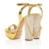 Woman Wearing Tyra Gold Platform Pearl Heels Back View | Freya Rose
