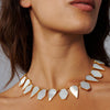 Woman Wearing Statement Mother of Pearl Necklace | Freya Rose