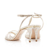 Product image showing the back of the 'Bella' Shoe from Freya Rose London. Bella is a luxurious champagne leather sandal featuring the Freya Rose signature jewelled pearl heels
