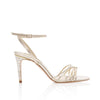 Product image of the 'Bella' Shoe from Freya Rose London. Bella is a luxurious champagne leather sandal featuring the Freya Rose signature jewelled pearl heels