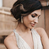 Gold Crystal Long Drop Earrings shown on a model - Freya Rose Jewellery