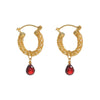 Gold Weave Mini Hoop Earrings with Garnet Charm - Freya Rose Jewellery