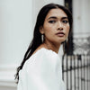 Silver Midi Crystal Drop Earrings on a model - Freya Rose Jewellery