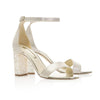Freya Rose London 'Martene' Bridal Shoe Champagne suede sandal with block Mother of Pearl heel