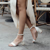 Model wearing 'Martene Midi' Bridal womens shoe with pearl heel by Freya Rose Pearl Shoes and Jewellery