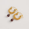 Gold Weave Mini Hoop Earrings with Garnet Charm - Freya Rose Jewellery