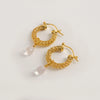 Gold Weave Mini Hoop Earrings with Rose Quartz Charm - Freya Rose Jewellery
