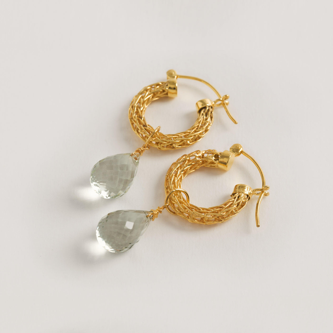 Gold Weave Mini Hoop Earrings with Green Quartz Charm - Freya Rose Jewellery