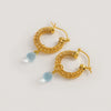 Gold Weave Mini Hoop Earrings with Blue Topaz Charm - Freya Rose Jewellery