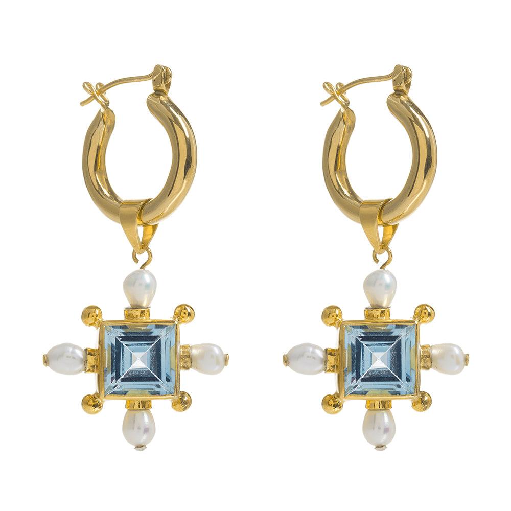 Gold Mini Hoop Earrings with Blue Topaz Cross Pendant - Freya Rose Jewellery