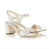 Champagne suede Mother of Pearl sandal low block heel bridal shoes