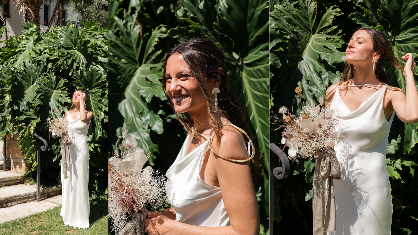 Real Bride, Shannon, wears Our Exquisite Hakuro Silver Mother Of Pearl Earrings For California Wedding
