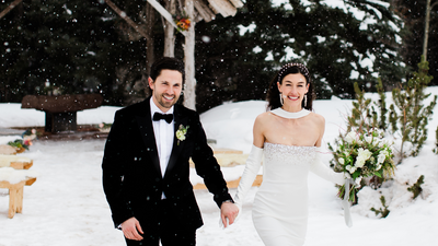 Real Bride In Freya Rose Pearl Earrings For Winter Wonderland Wedding