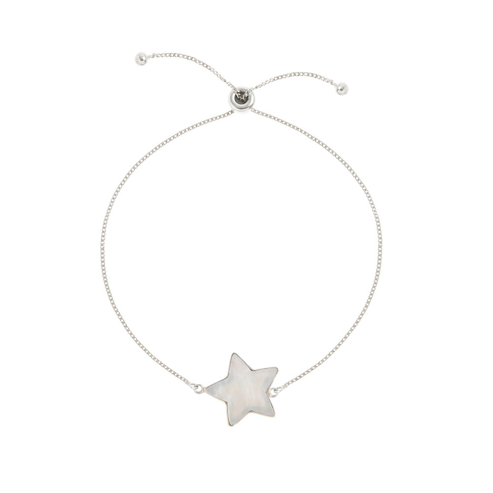 A product shot of 'Adjustable Silver Star Bracelet' Designer Mother of Pearl Jewellery by Freya Rose London