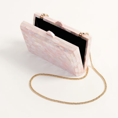 Aphrodite Pink Mother of Pearl Clutch Bag Open with Champagne Chain