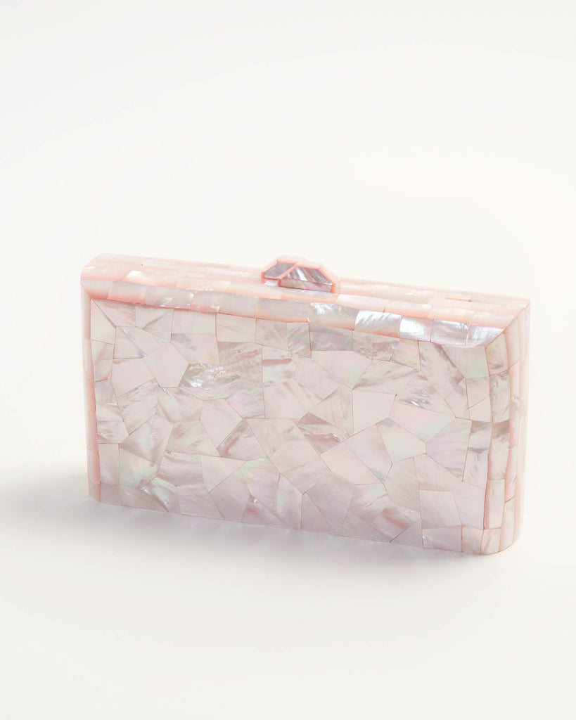 Aphrodite Pink hand-carved Mother of Pearl clutch bag by Freya Rose, front view