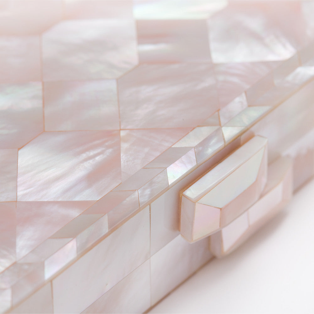 Detail image of 'Athena Pink' by Freya Rose London - A pink toned Mother of Pearl designer clutch