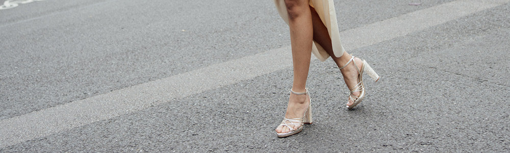 Women wearing champagne leather block heel sandal designer wedding shoes