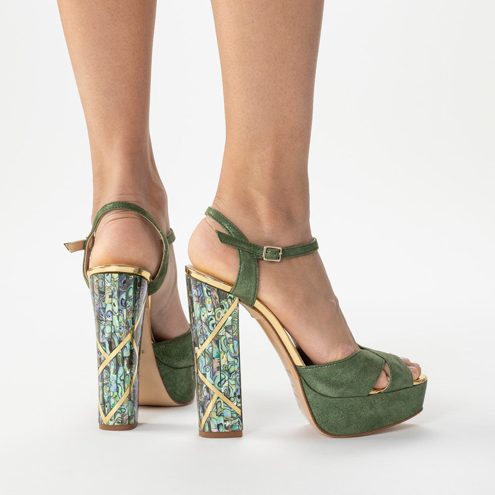 Cher Verde Designer Block Heel Shoes | Green | Freya Rose