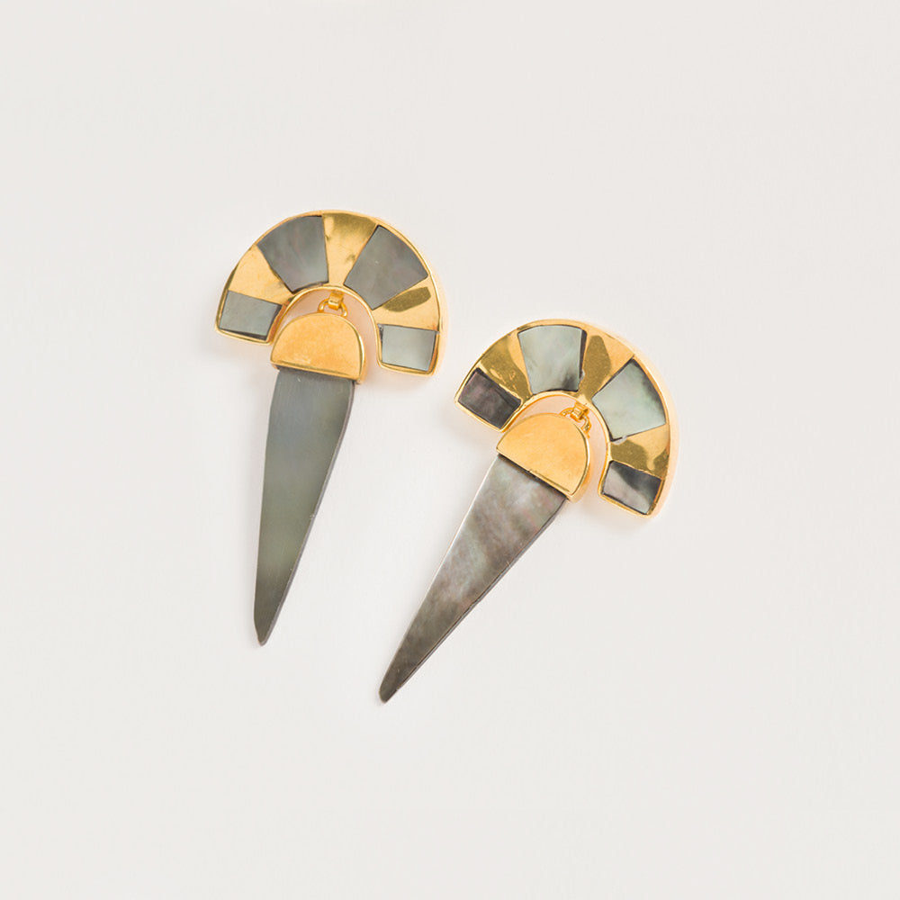 Unique Moon Rise Inspired Mother of Pearl Drop Earrings On Tonal Background| At Night Drops | Freya Rose