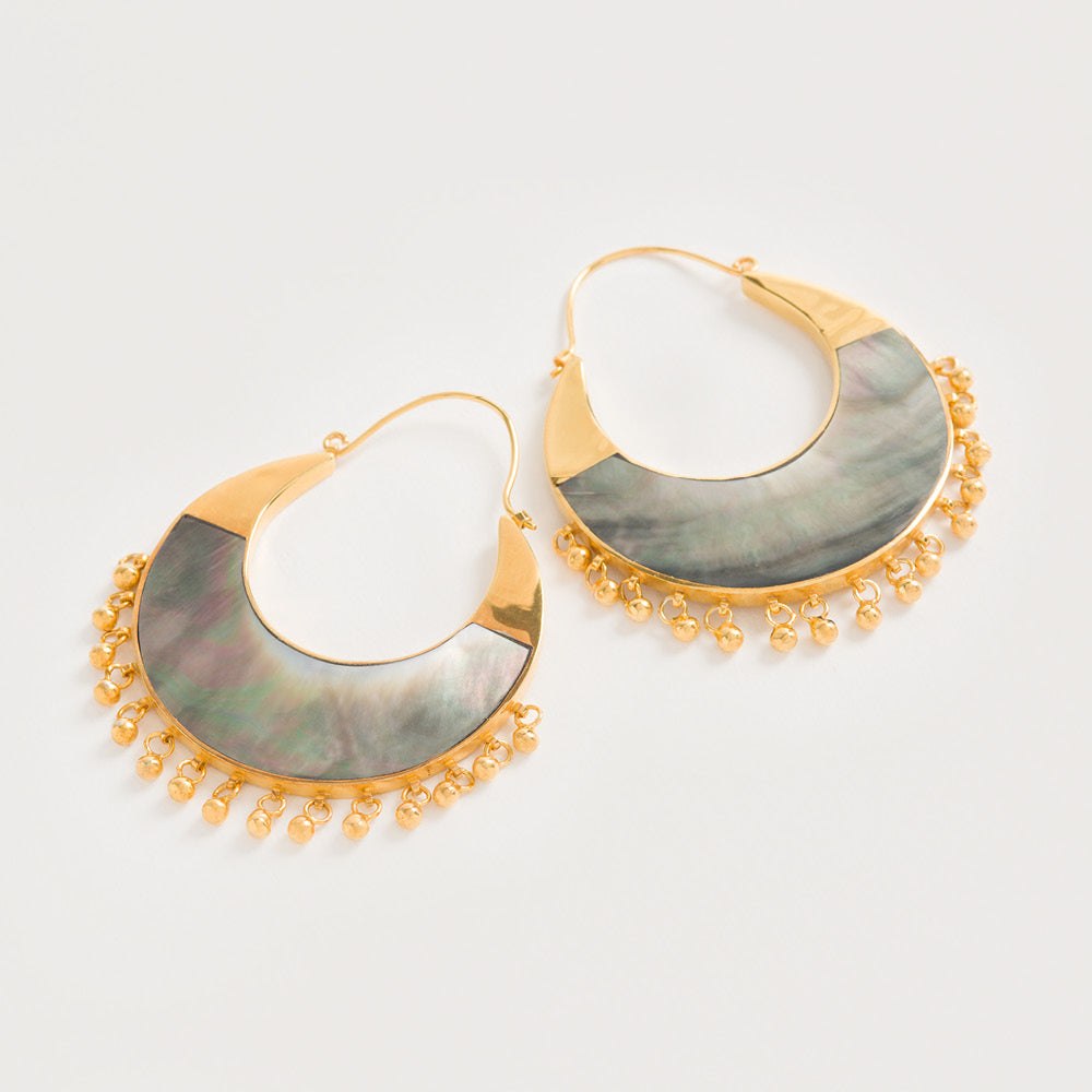Statement Grey Mother of Pearl Eclipse Earrings On Tonal Background | Freya Rose