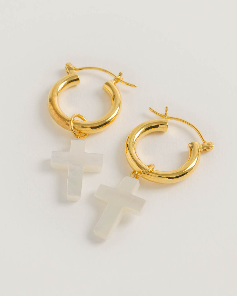 Gold Mini Hoops with Detachable Cross Charms, hoop earrings in 18ct gold by Freya Rose