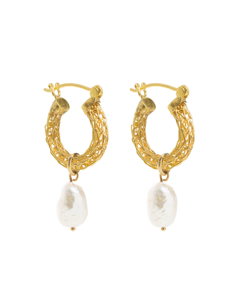 Gold Weave Mini Hoops with Baroque Pearl