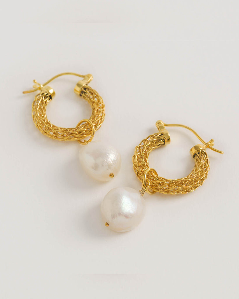 Gold Weave Mini Hoops with Baroque Pearl