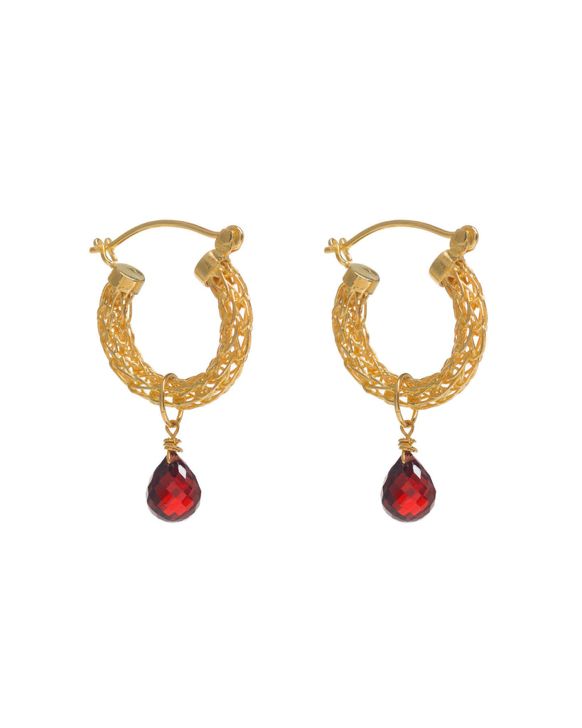 Gold Weave Mini Hoops with Garnet Charm
