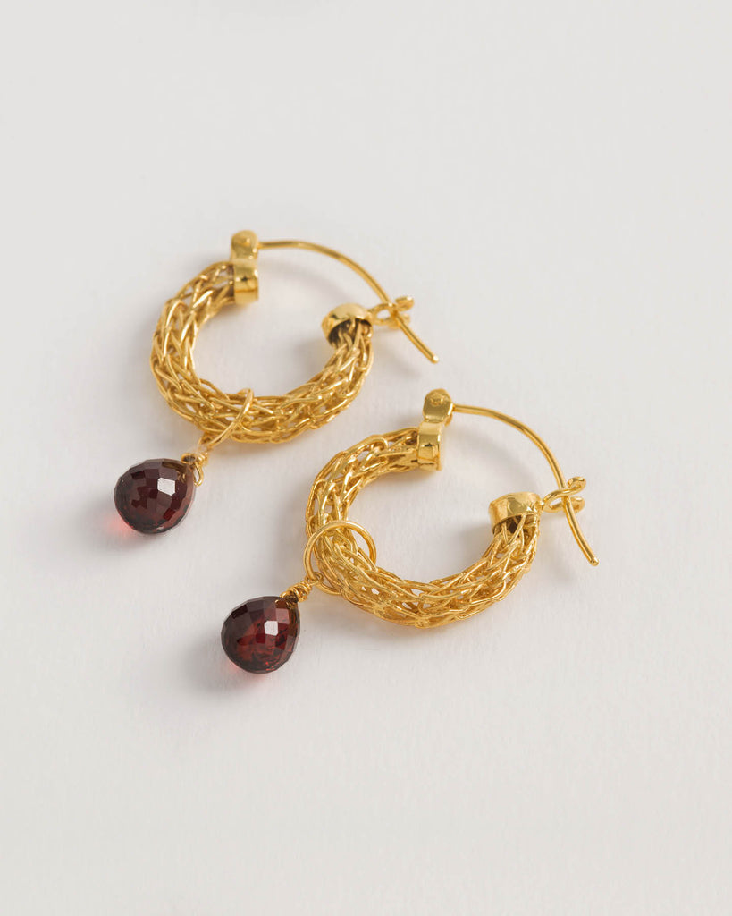 Gold Weave Mini Hoops with Garnet Charm, woven mini hoop earrings with garnet charm in 18ct gold by Freya Rose