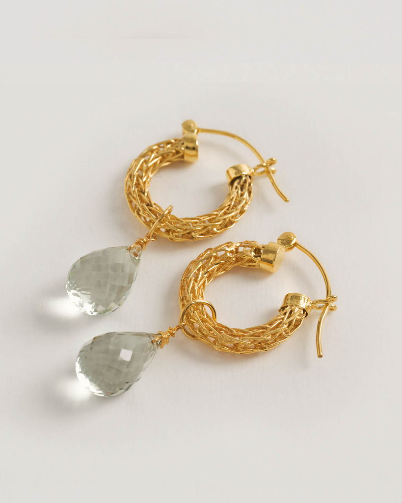 Gold Weave Mini Hoops with Green Quartz Charm, woven mini hoop earrings with green quartz charm in 18ct gold by Freya Rose