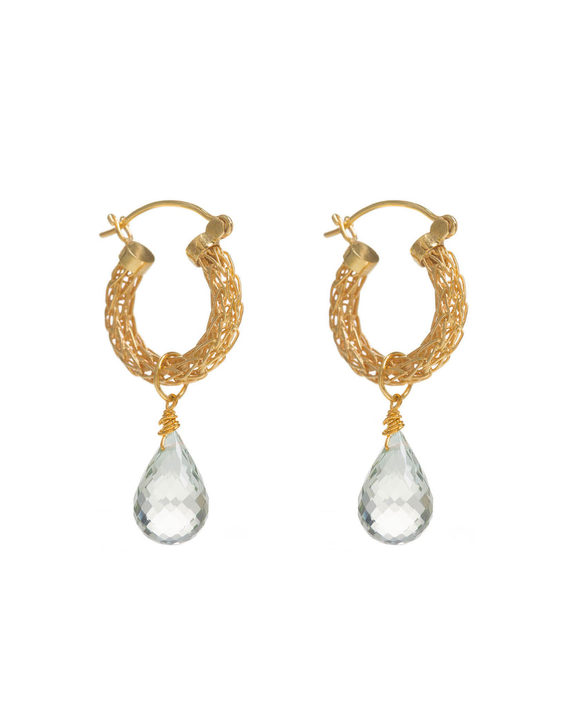 Gold Weave Mini Hoops with Green Quartz Charm
