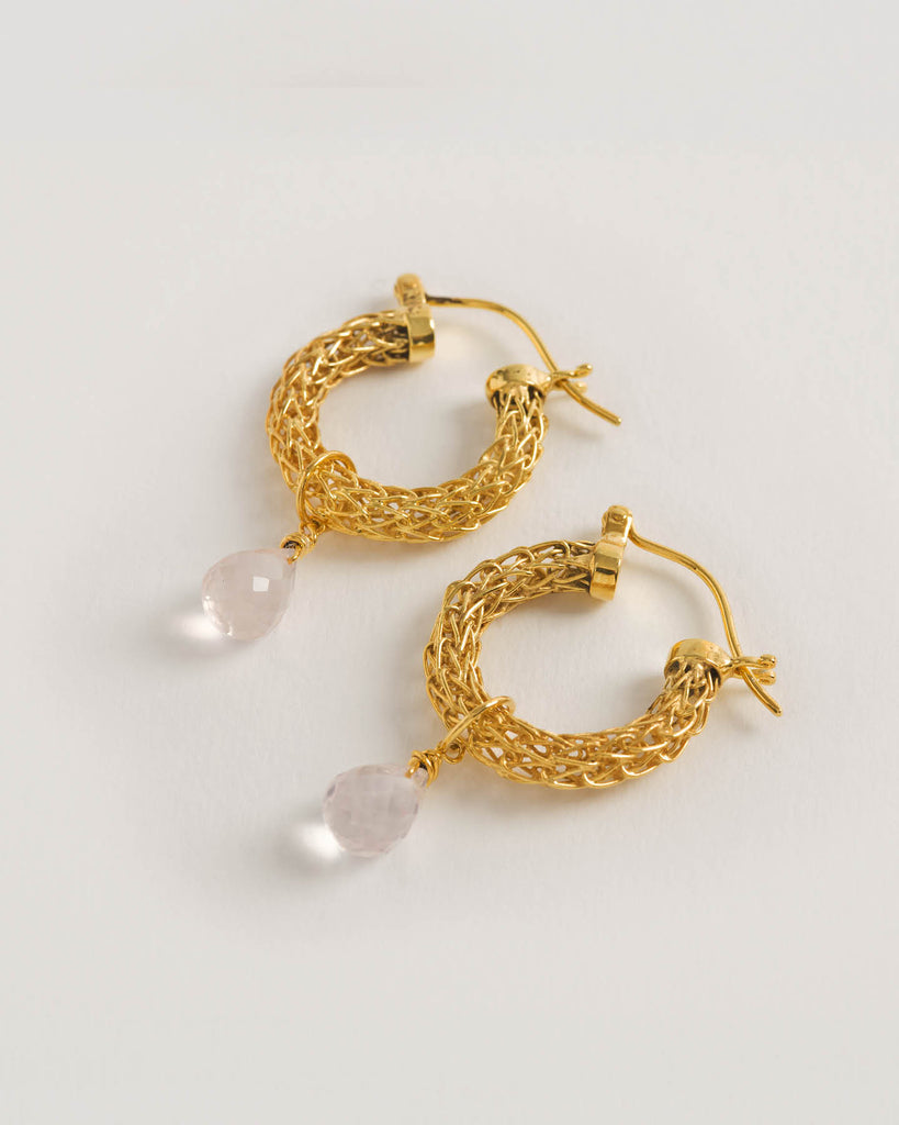 Gold Weave Mini Hoops with Rose Quartz Charm, woven mini hoop earrings with rose quartz charm in 18ct gold by Freya Rose