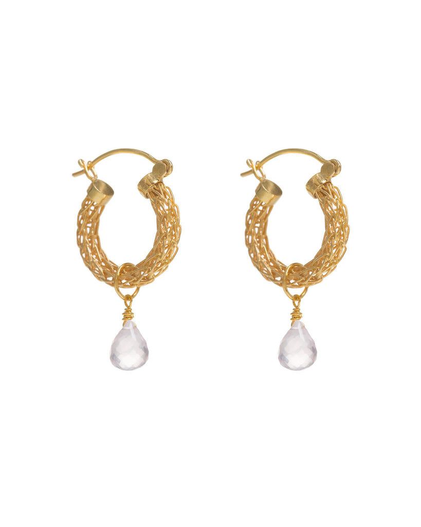 Gold Weave Mini Hoops with Rose Quartz Charm