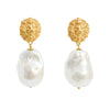 Lion pearl drop earrings in 18ct gold vermeil featuring textured lion motif and baroque pearl drops.