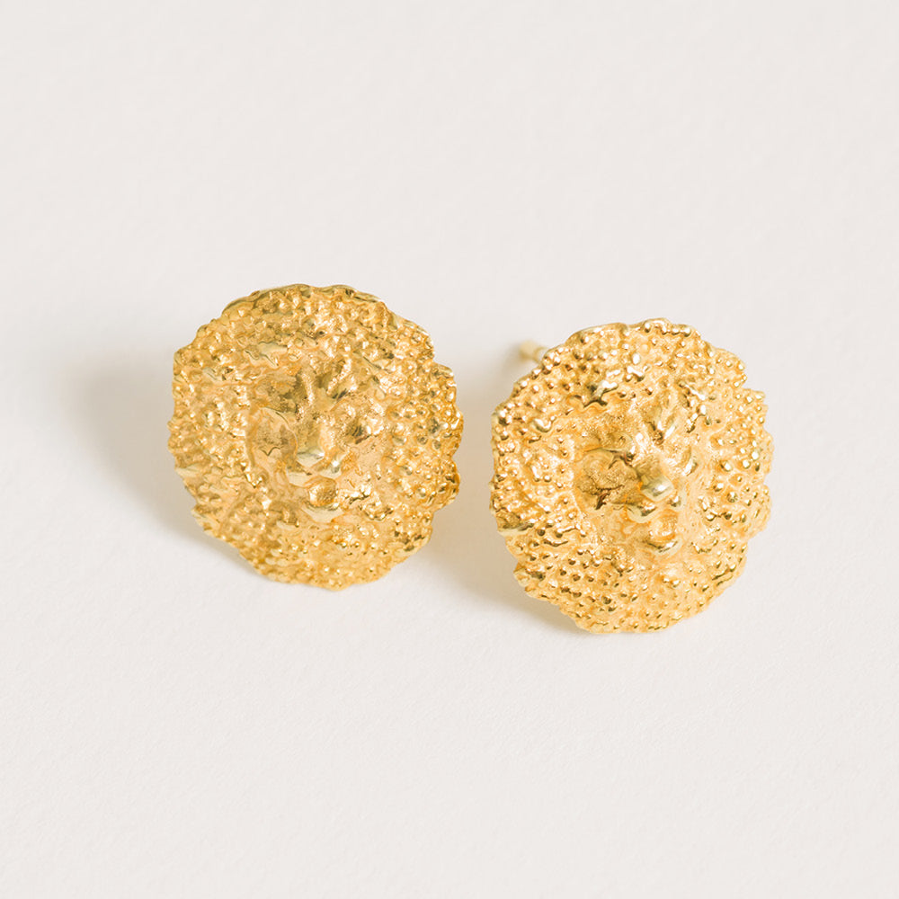 Lion stud earrings in 18ct gold vermeil with textured lion motif on sterling silver, symbolic everyday jewellery.