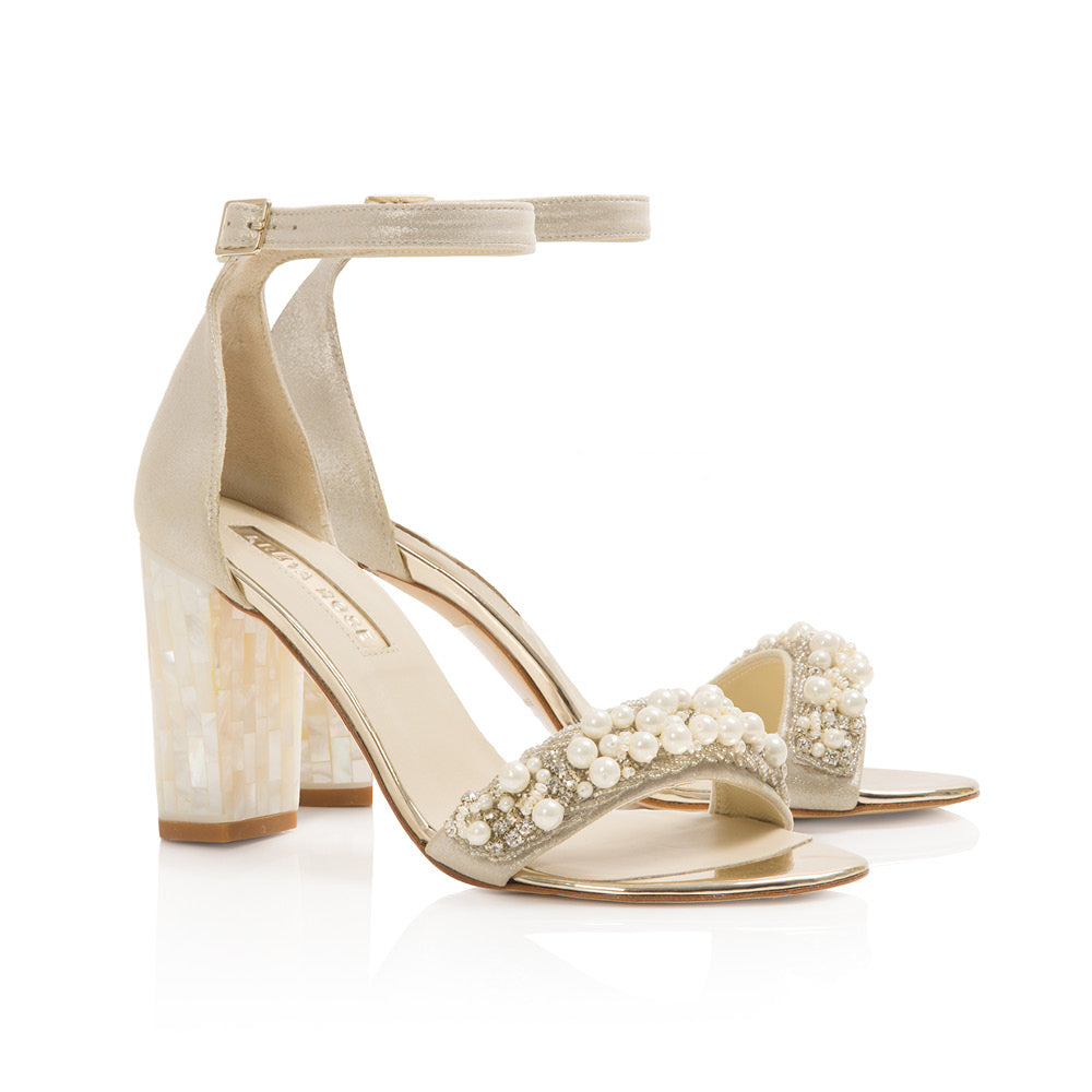 A pair of Freya Rose Champagne Suede Embellished Bridal Shoe