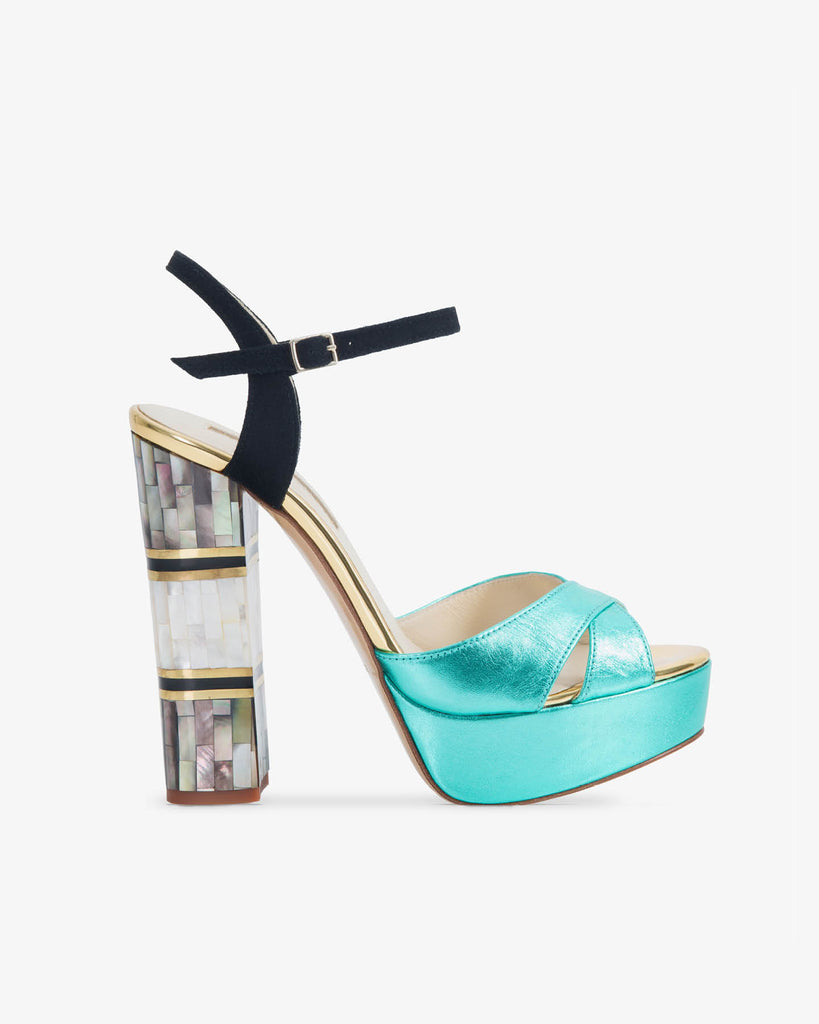 Suki Blue — blue occasion shoe with signature Mother of Pearl heel, by Freya Rose London