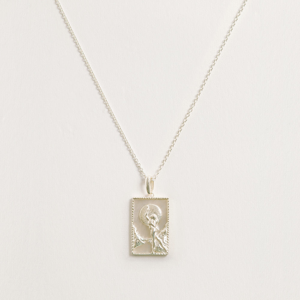 Rectangle Silver Woman & Moon Necklace