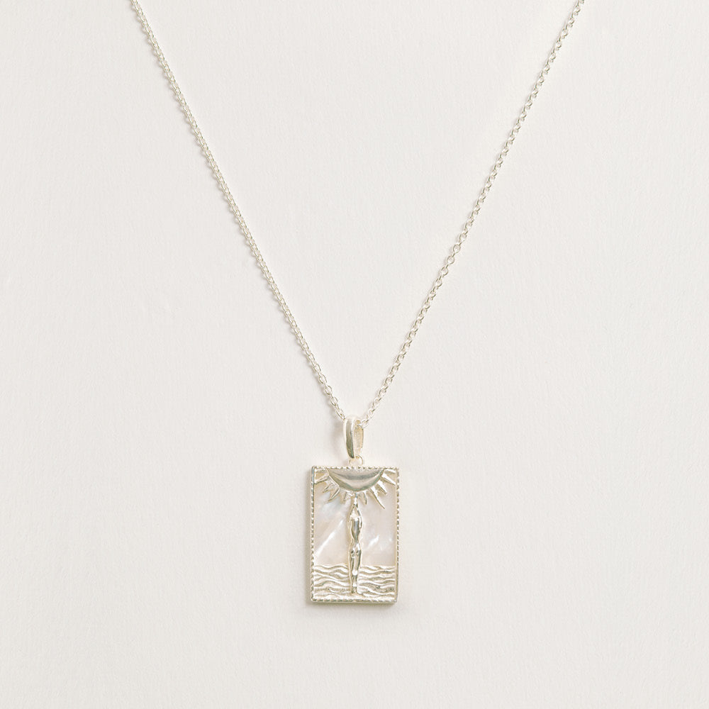 Rectangle Silver Woman & Sun Necklace