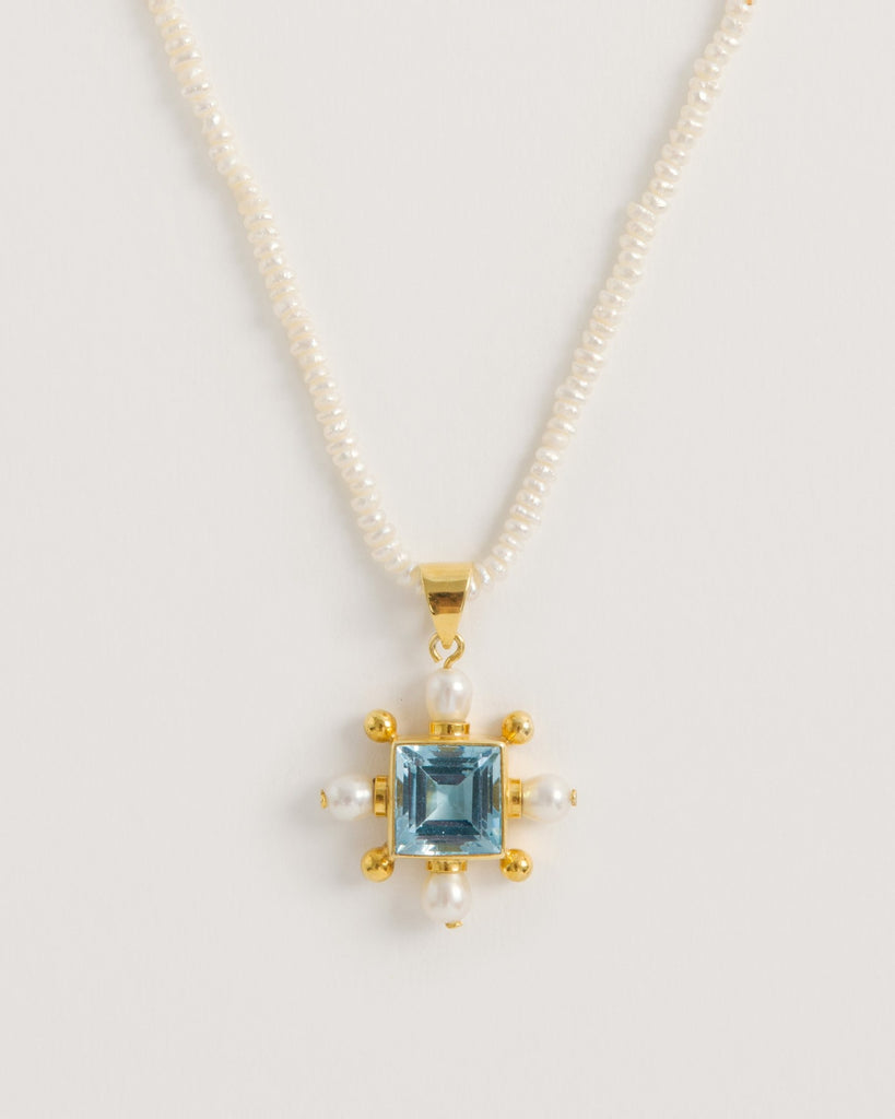 Seed Pearl Necklace with Blue Topaz Cross Pendant by Freya Rose