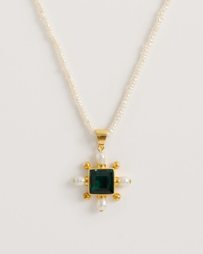 Seed Pearl Necklace with Green Quartz Cross Pendant