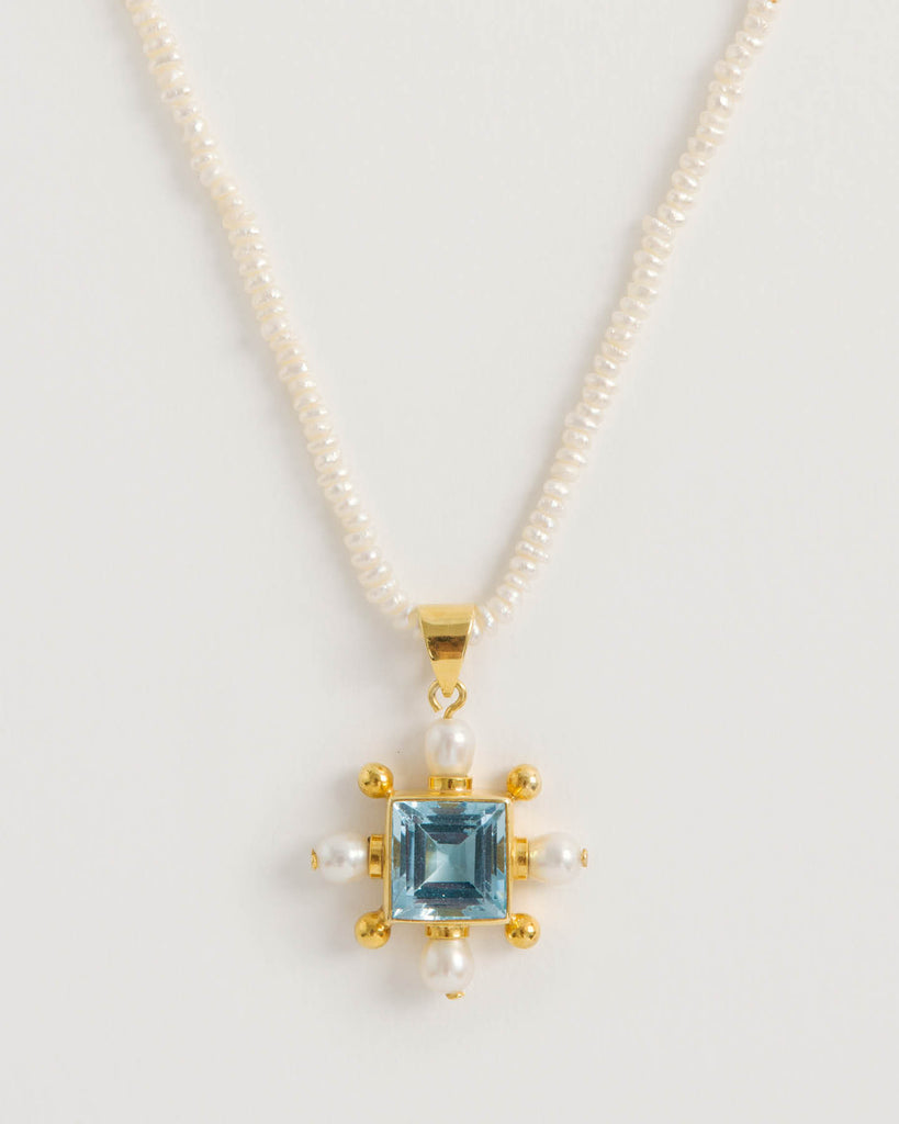 Seed Pearl Necklace with Blue Topaz Cross Pendant