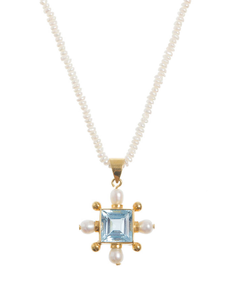 Seed Pearl Necklace with Blue Topaz Cross Pendant