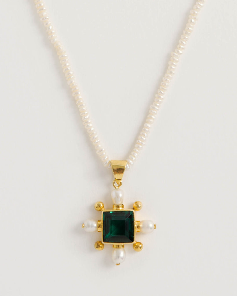 Seed Pearl Necklace with Green Quartz Cross Pendant