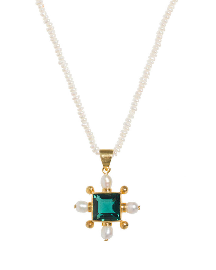 Seed Pearl Necklace with Green Quartz Cross Pendant