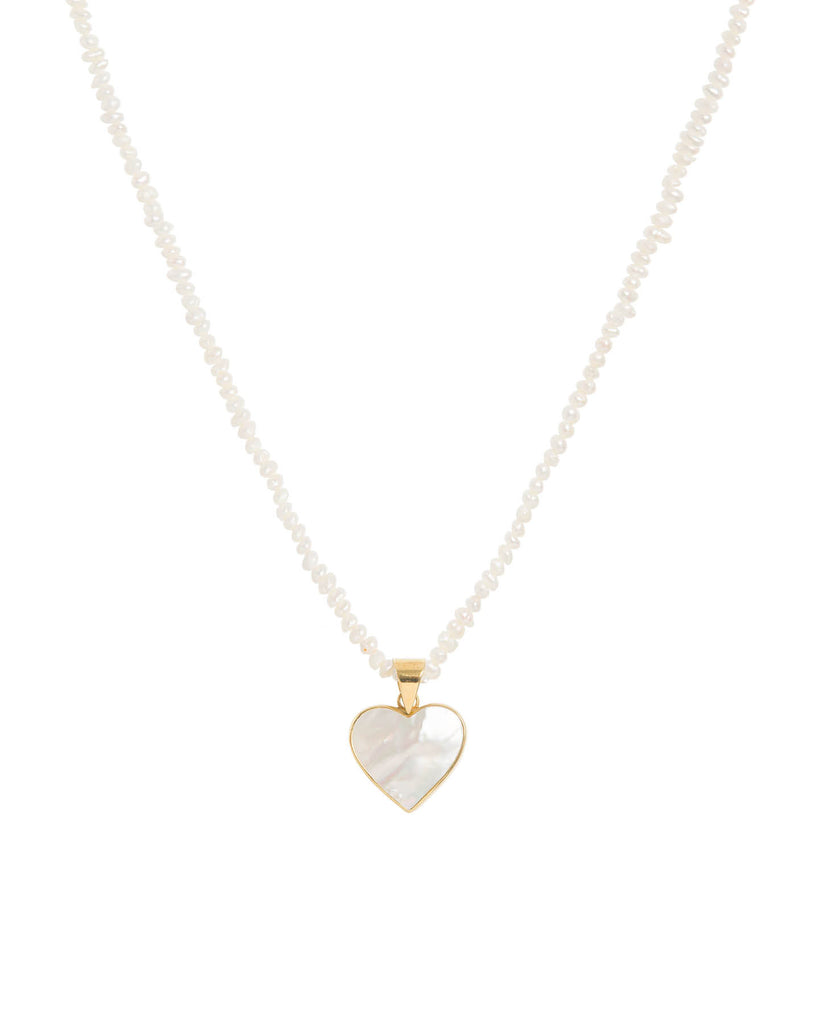 Seed Pearl Necklace Mother of Pearl Heart Pendant | Gold | Freya Rose