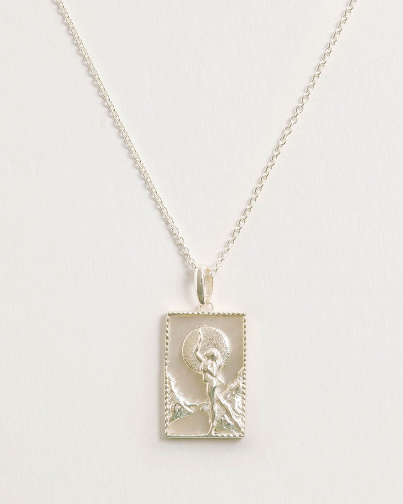 Rectangle Silver Woman & Moon Necklace